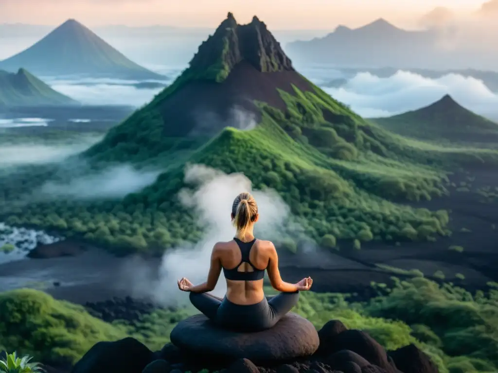 Practicante de yoga en loto en paisaje volcánico, rodeado de vegetación exuberante y atmósfera etérea