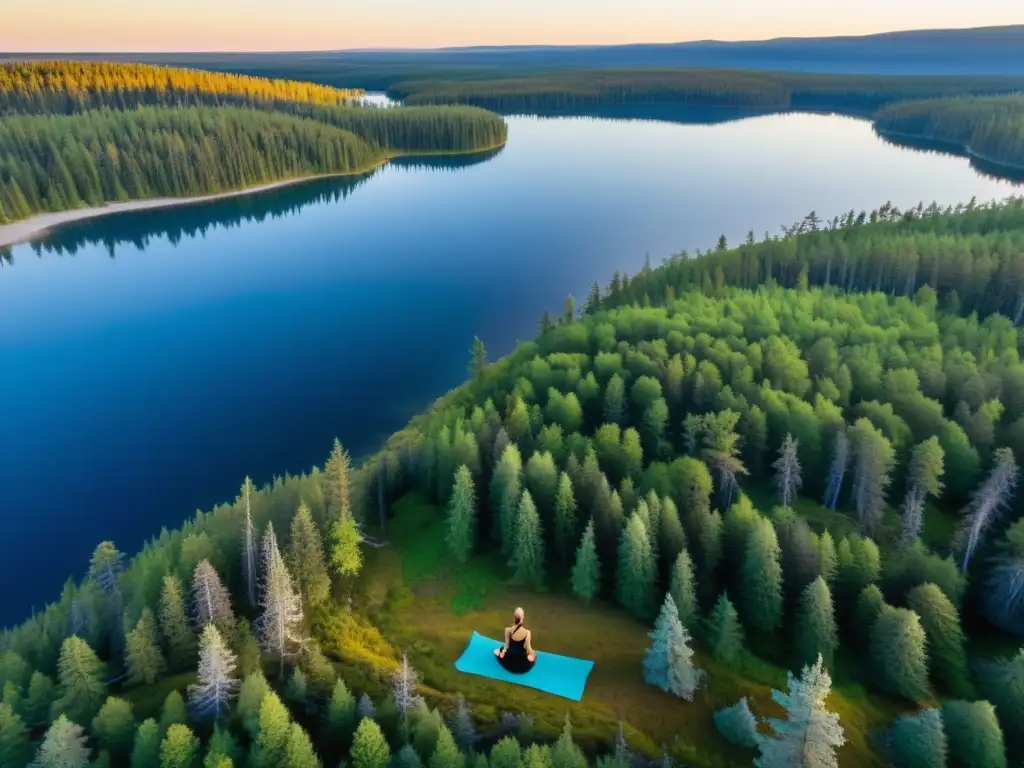 Yoga en el bosque boreal: Practicante en meditación entre pinos, lago sereno y auroras danzantes al atardecer