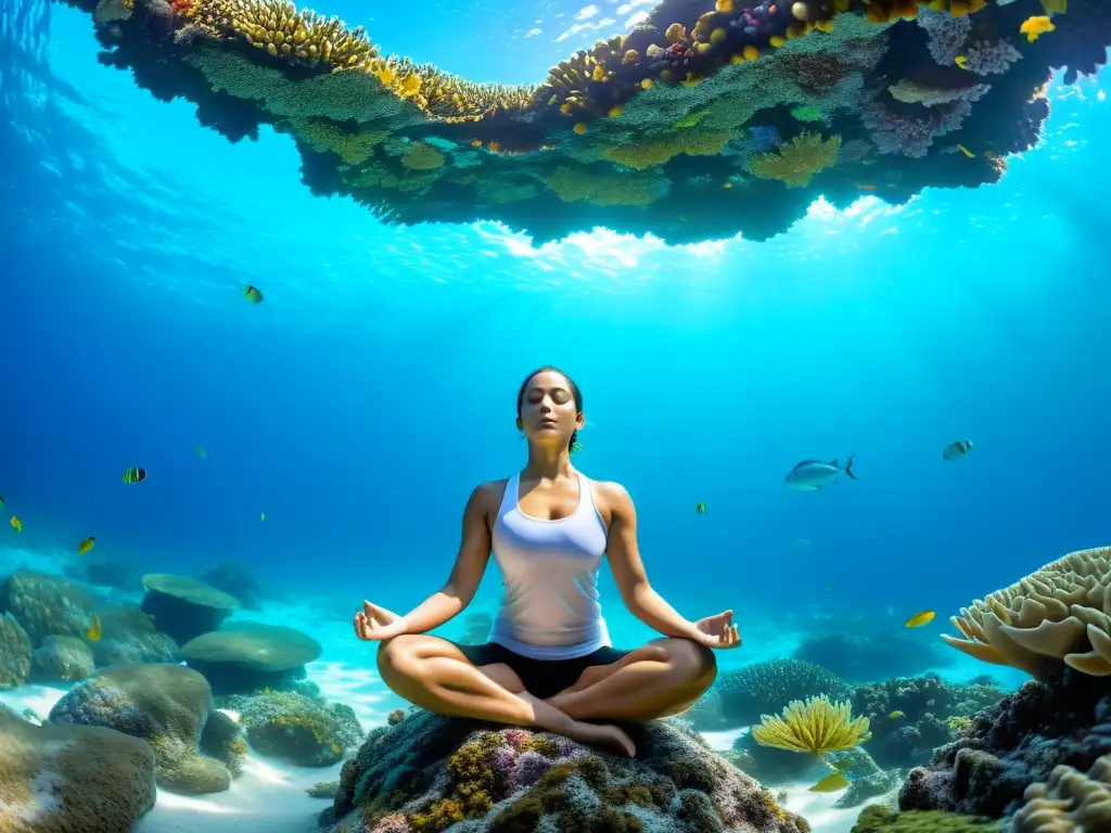 Un practicante de yoga en posición de loto, rodeado de arrecifes de coral vibrantes y vida marina diversa