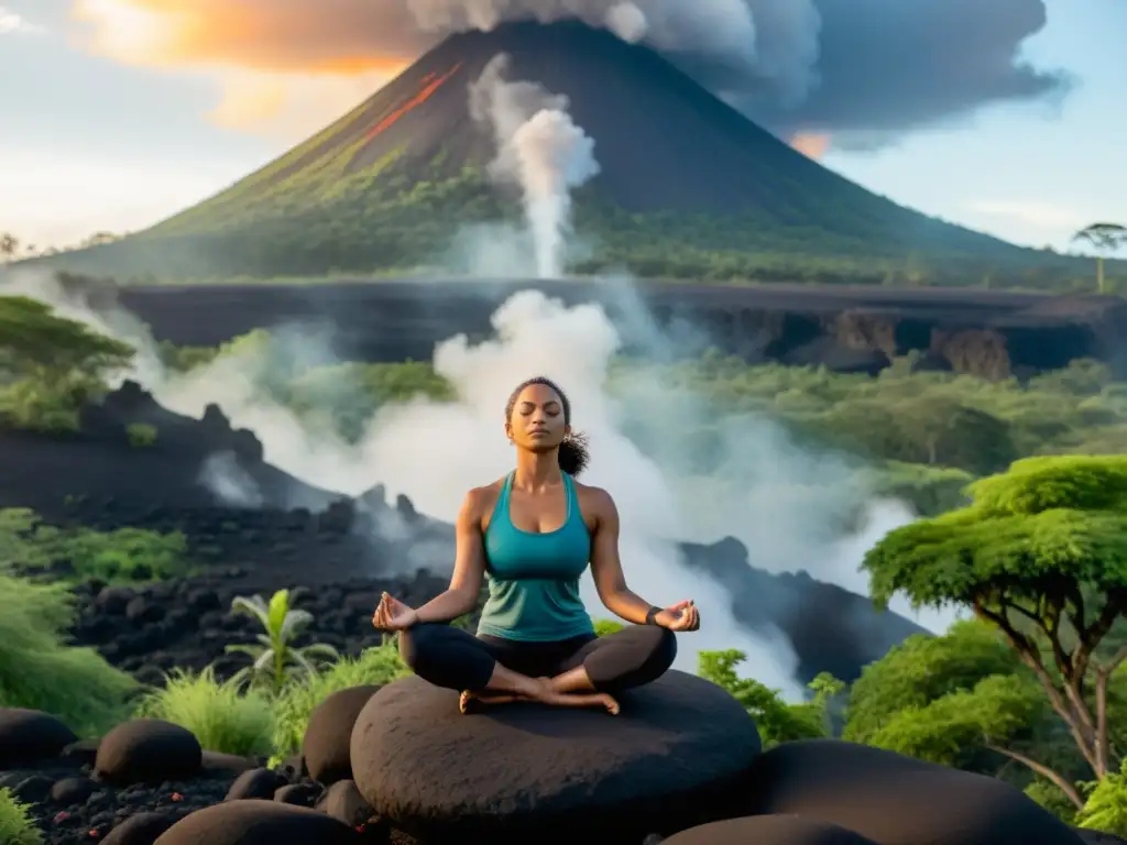 Practicante de yoga en meditación, rodeado de naturaleza exuberante en un ecosistema volcánico