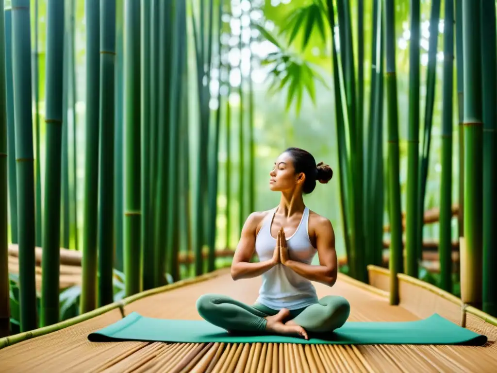 Un practicante de yoga en un bosque de bambú, ejecutando una postura compleja con gracia y concentración, envuelto en un ambiente sereno