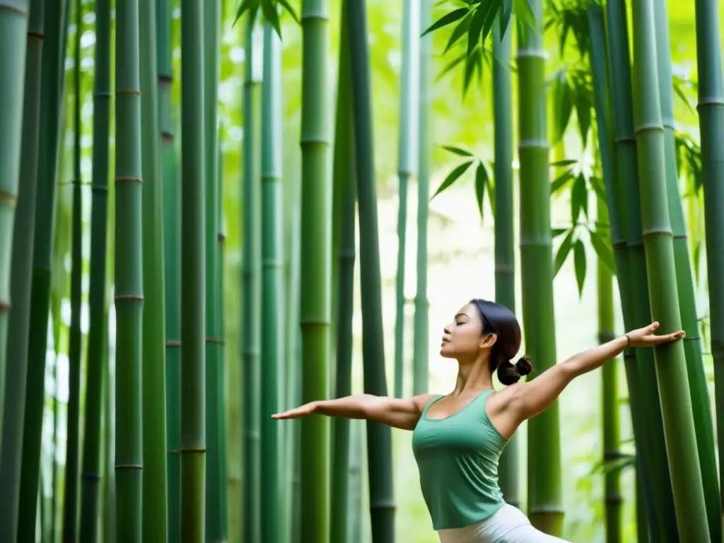 Practicante de yoga en un bosque de bambú, inmerso en la serenidad del entorno natural