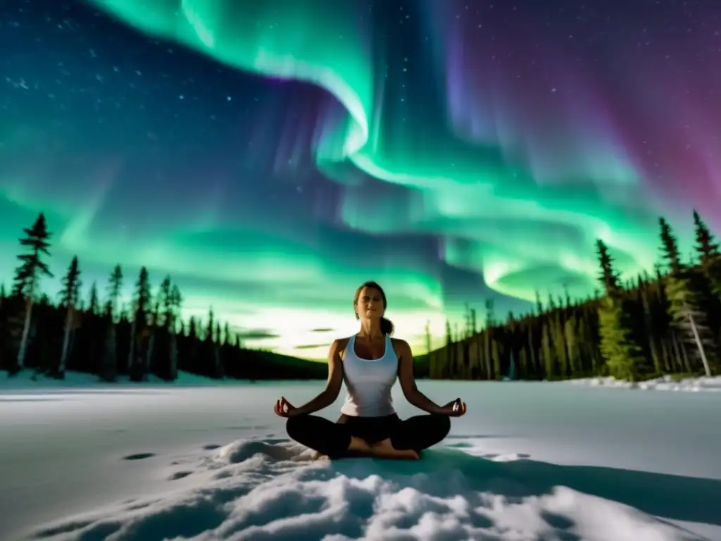 Un practicante de yoga en una clara pacífica del bosque boreal, inmerso en una profunda meditación bajo la aurora boreal