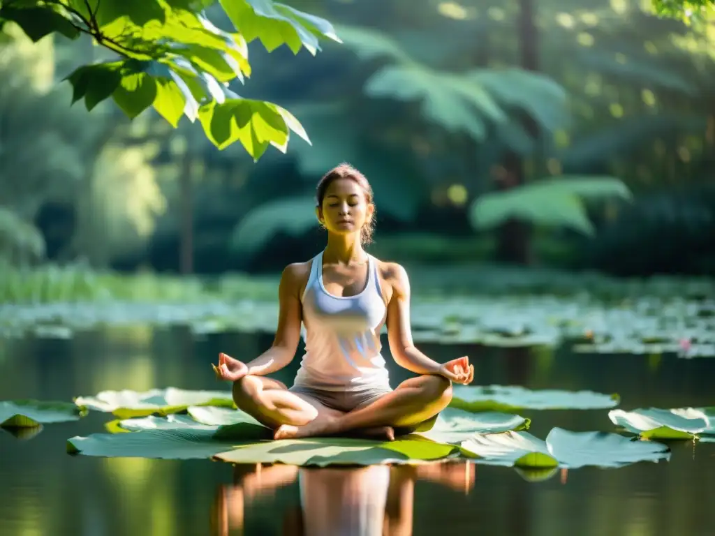 Un practicante de yoga sereno en posición de loto junto a un tranquilo estanque en el bosque, reflejando armonía y tranquilidad