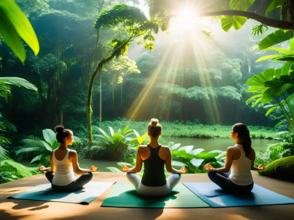 Practicantes de yoga meditan en la exuberante selva amazónica, creando un ambiente sereno y espiritual