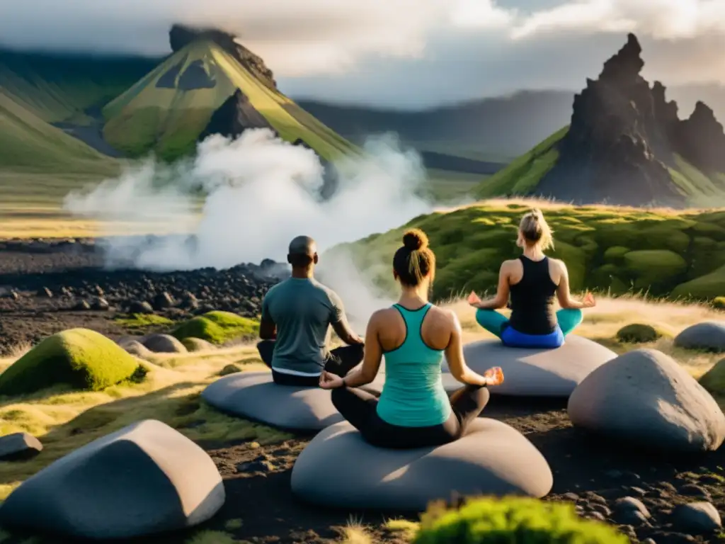 Yoguis meditando en paisaje volcánico Practicantes de yoga meditan en un paisaje volcánico con efectos del yoga en ecosistemas volcánicos