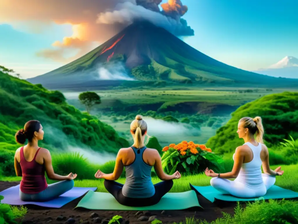 Practicantes de yoga meditan en un valle verde con un volcán activo al fondo