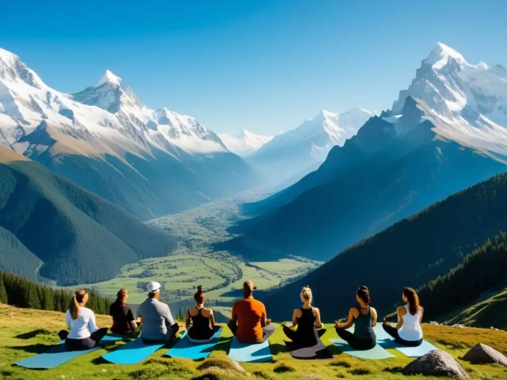 Practicantes de yoga en altiplano, mostrando calma y equilibrio en paisaje de montaña majestuoso y sereno