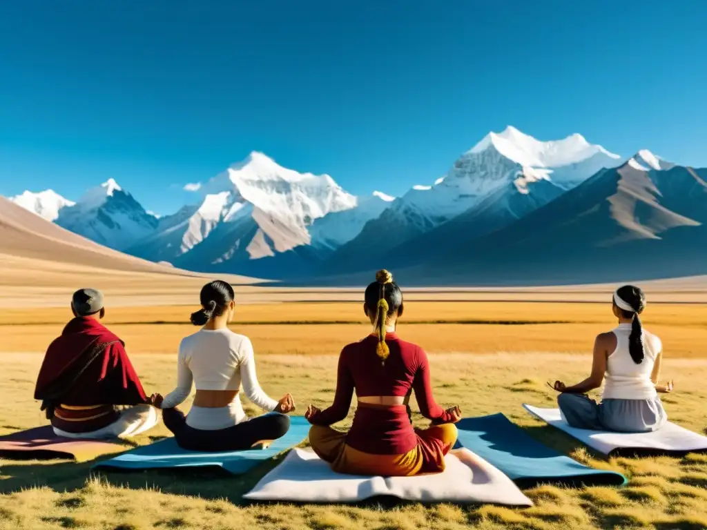 Practicantes de yoga en el altiplano tibetano, disfrutando de los beneficios del yoga en un paisaje sereno y majestuoso