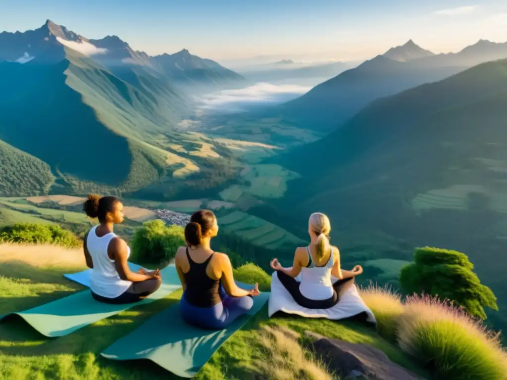 Practicantes de yoga en la cima de una montaña al amanecer, transmitiendo paz y conexión con la naturaleza