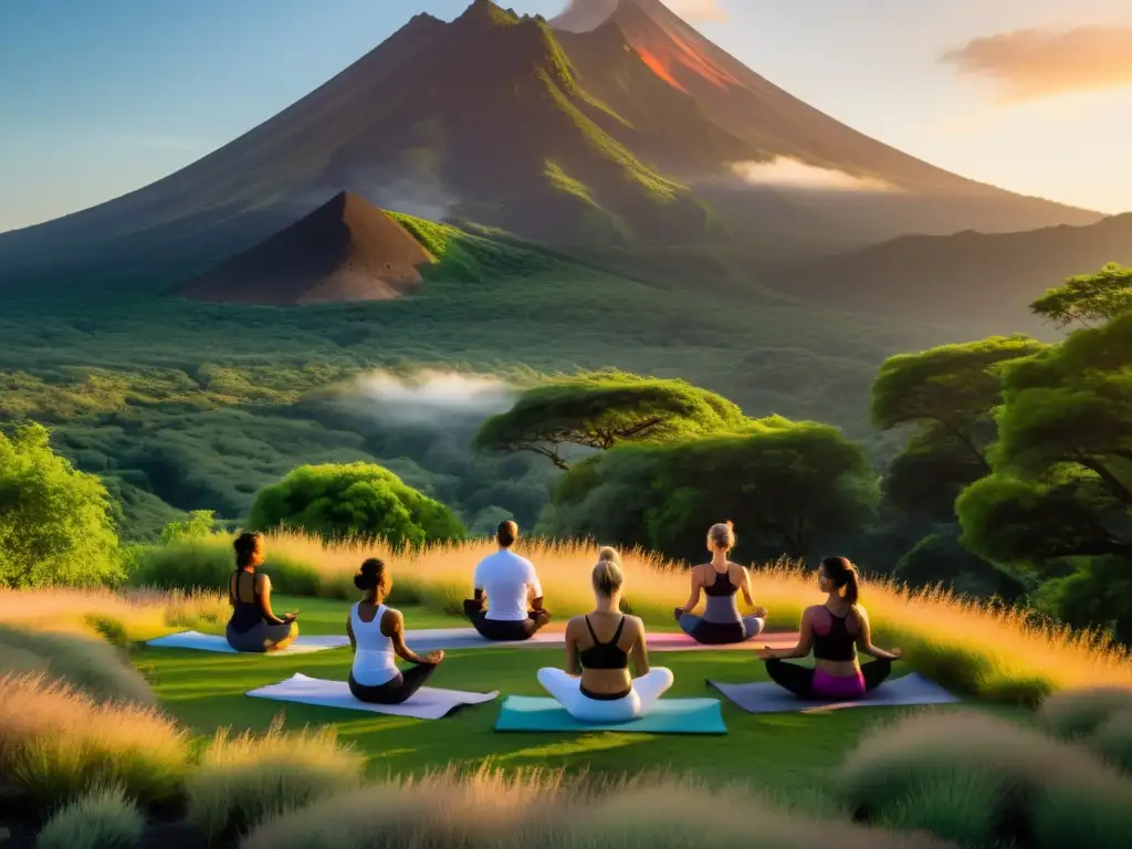 Yoga al amanecer en entorno volcánico Practicantes de yoga en un claro sereno rodeado de exuberante vegetación, con un pico volcánico majestuoso al fondo