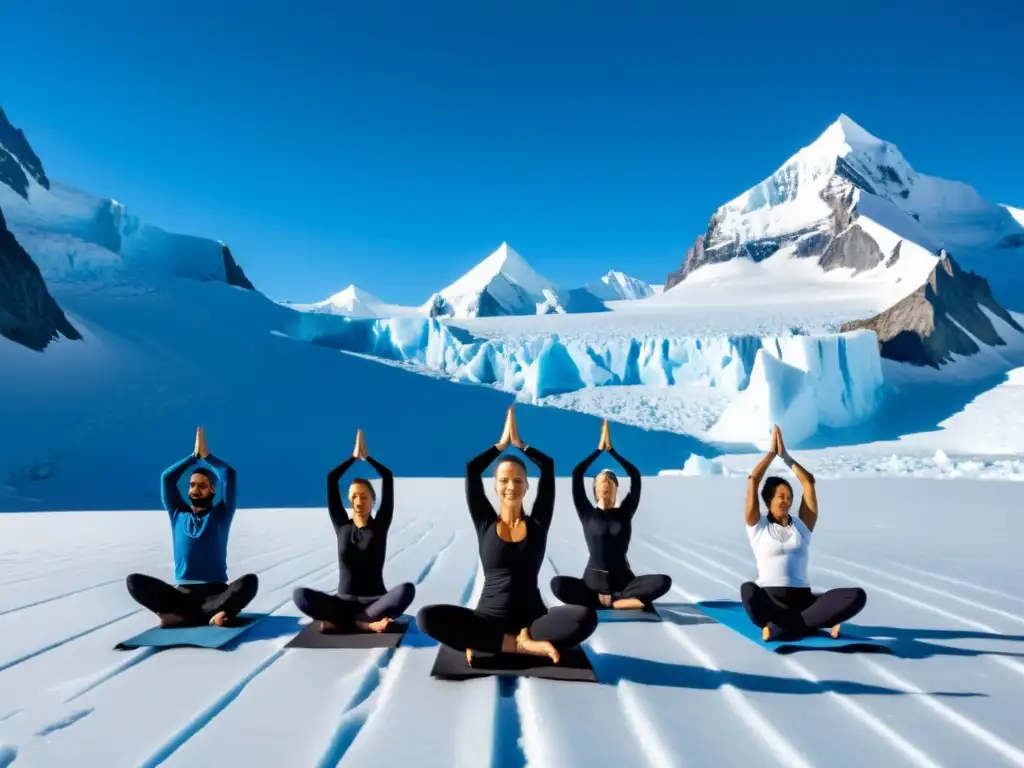 Practicantes de yoga entre glaciares en paisajes helados, expresando fuerza y tranquilidad en medio de la belleza natural