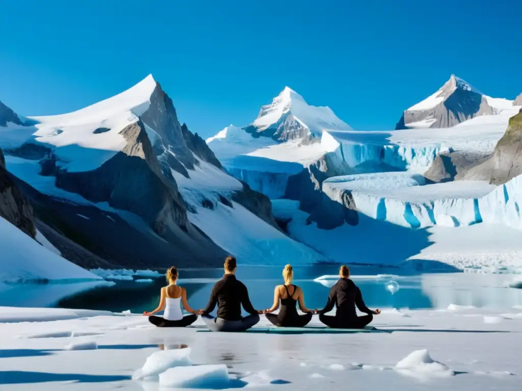 Practicantes de yoga entre glaciares en paisajes helados, conectados con la naturaleza y la serenidad del entorno helado