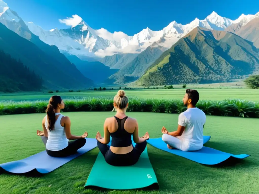 Practicantes de yoga en la meseta tibetana, meditando en círculo en un prado verde con picos nevados al fondo