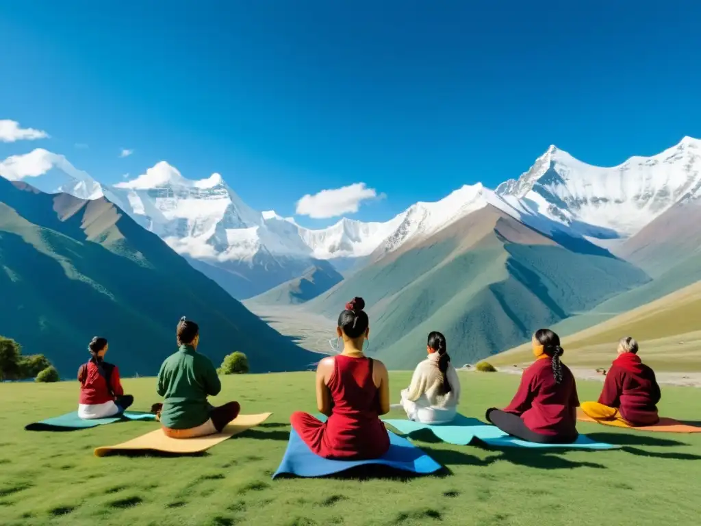 Practicantes de yoga en la meseta tibetana, en poses tranquilas, rodeados de montañas nevadas y banderas de oración