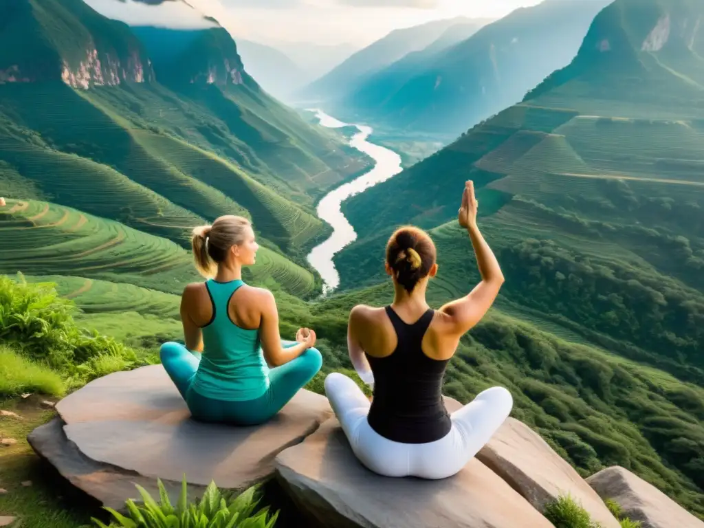 Practicantes de yoga en armonía con la naturaleza en un acantilado de montaña