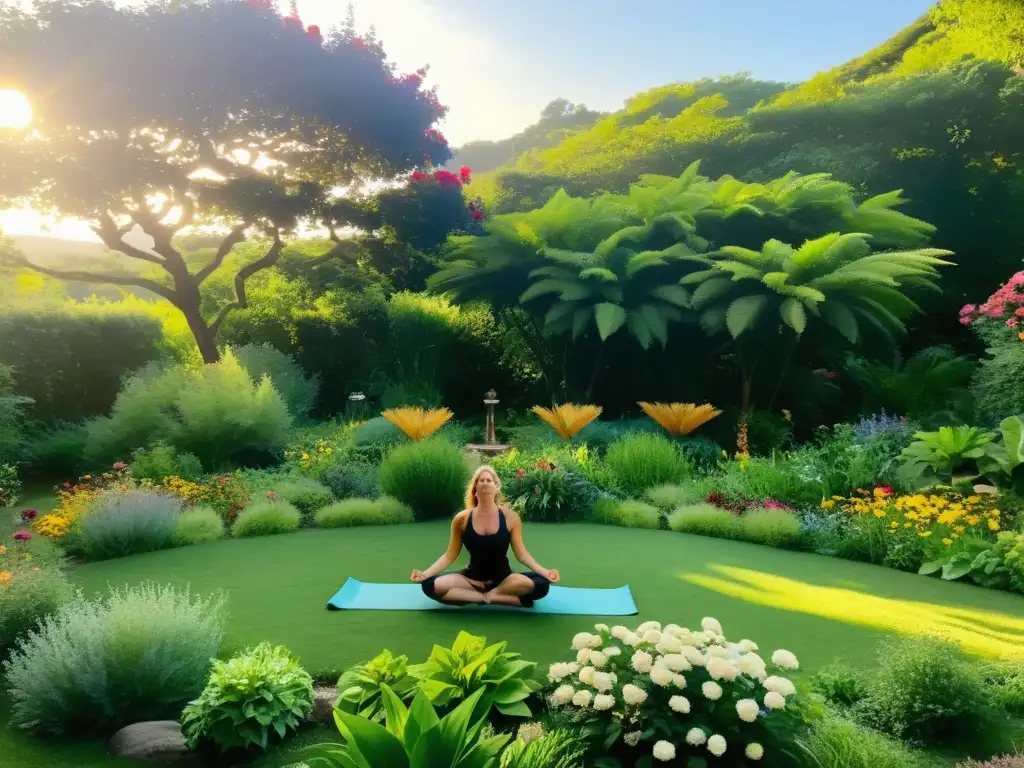 Practicantes de yoga en armonía con la naturaleza en un jardín de permacultura