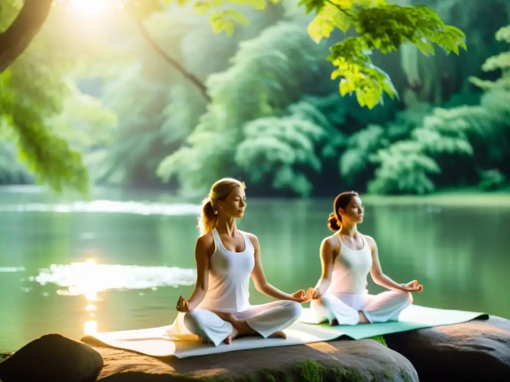 Practicantes de yoga en armonía con la naturaleza, en un río tranquilo