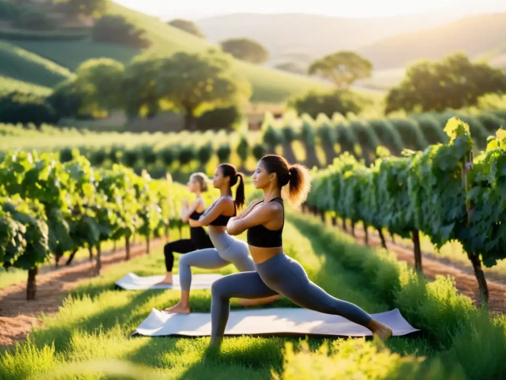 Practicantes de yoga en poses elegantes entre viñedos, bañados por cálida luz dorada