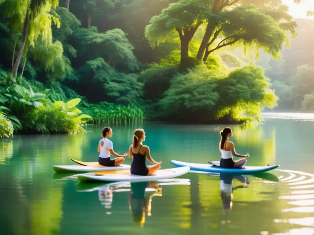 Practicantes de yoga en paddleboards, en un río tranquilo rodeado de naturaleza exuberante