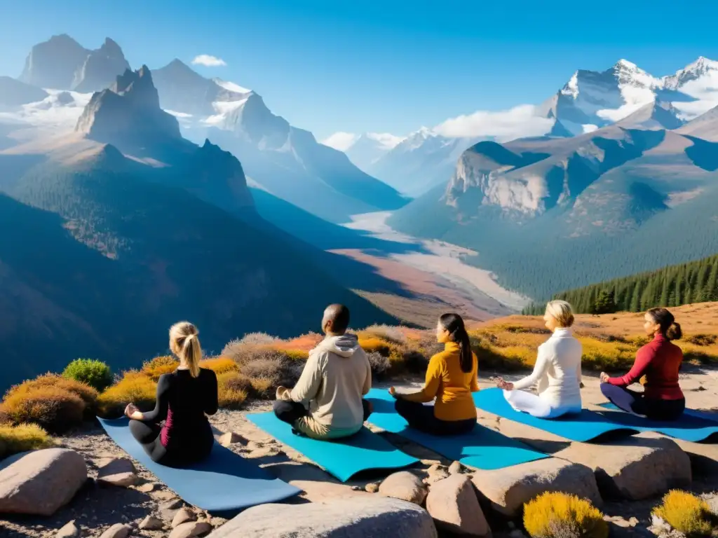 Practicantes de yoga realizan saludos al sol en altiplano, con montañas nevadas de fondo