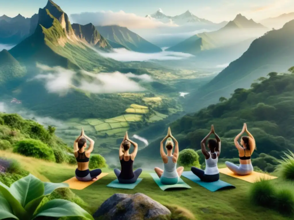 Practicantes de yoga realizan saludos al sol en una montaña verde y exuberante, rodeados de flora y fauna diversa, con vistas a picos nevados