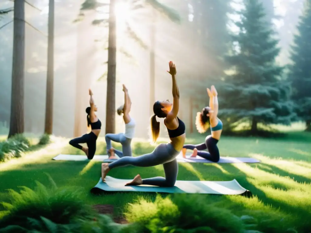 Practicantes de yoga en el bosque boreal realizan saludos al sol, envueltos en una atmósfera serena y etérea