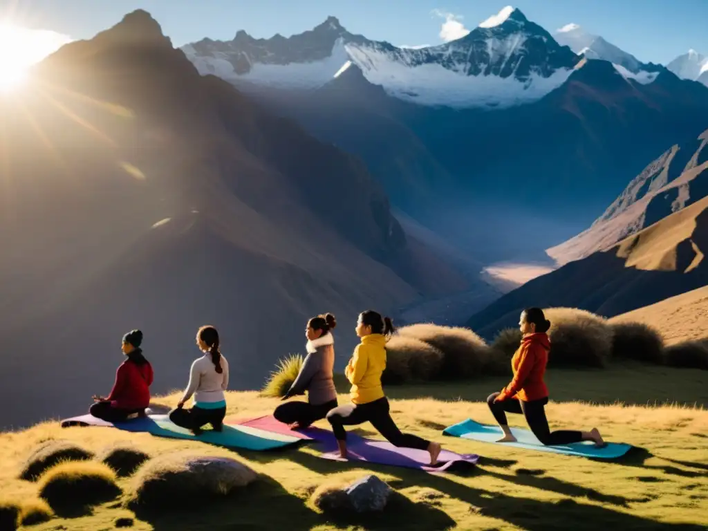 Practicantes de yoga realizando saludos al sol al amanecer en los Andes, vistiendo trajes andinos coloridos