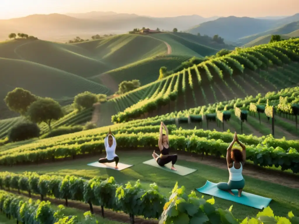 Practicantes de yoga en el viñedo natural, en poses elegantes mientras el sol se pone y la serenidad envuelve la escena