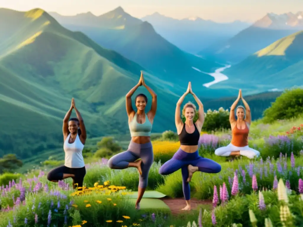 Practicantes de yoga en Vrksasana en montaña con flores silvestres