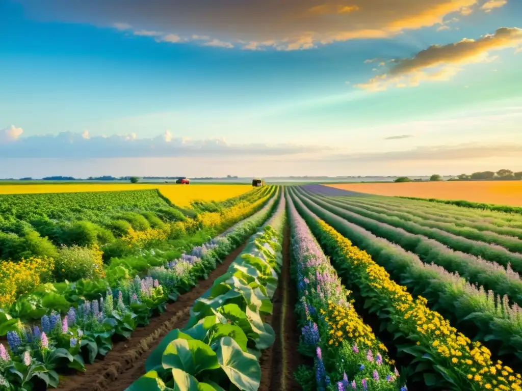 Prácticas agrícolas sostenibles para ecosistemas: Campo floreciente con cultivos y gran armonía entre agricultura y naturaleza al atardecer