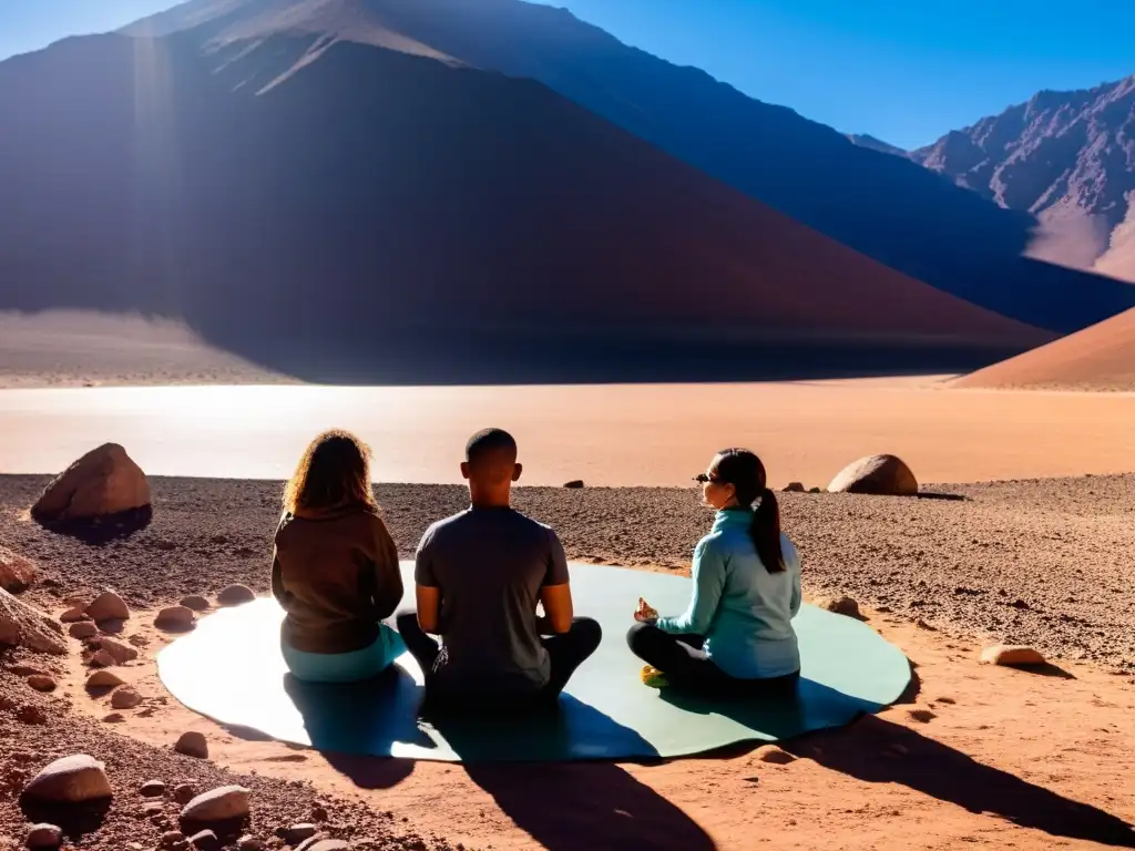 Prácticas de yoga en desiertos energéticos: Grupo en círculo practica yoga en el árido desierto de Atacama bajo el cielo azul