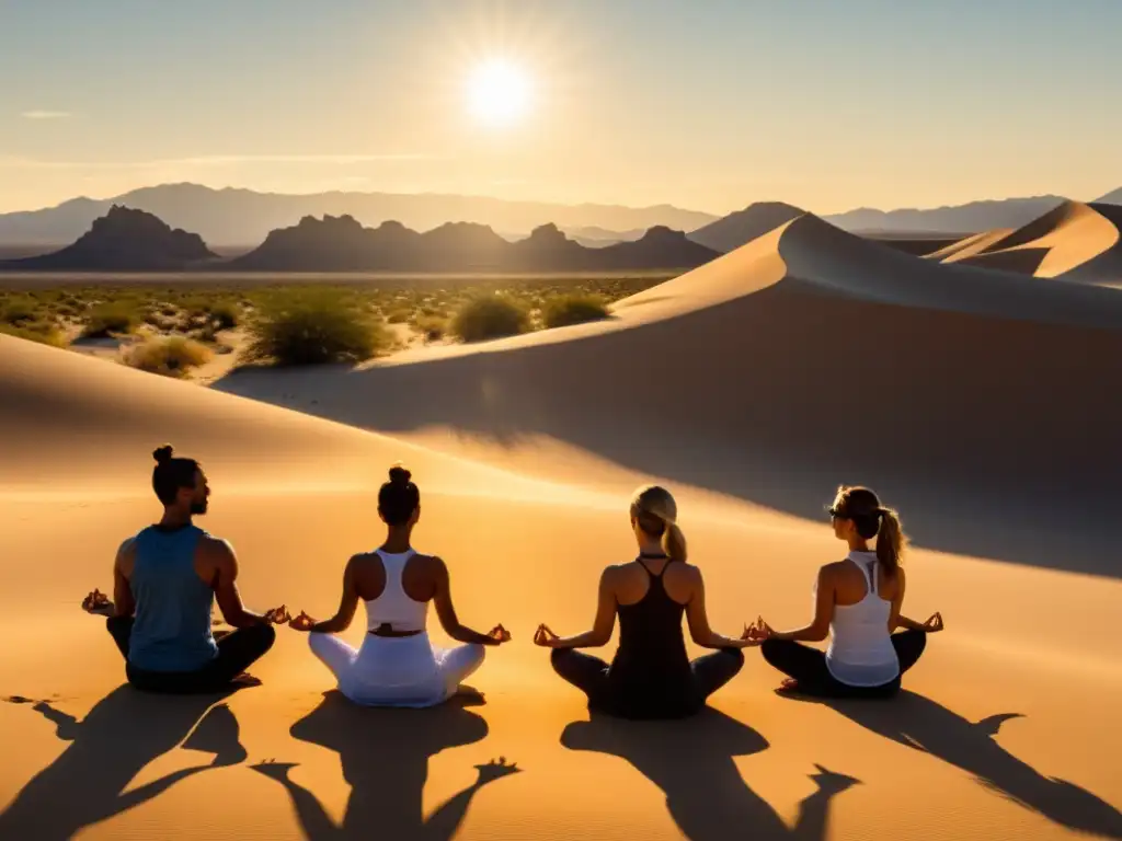 Prácticas de yoga en desiertos energéticos: Yoguis en poses gráciles, proyectando siluetas en el sereno desierto dorado