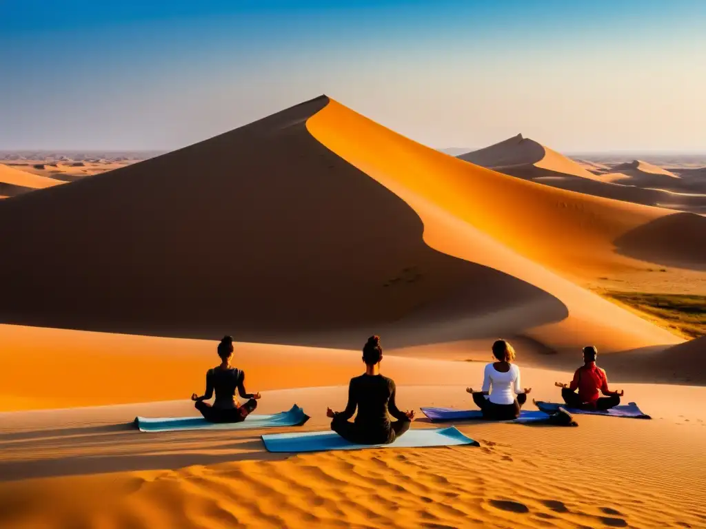 Prácticas de yoga en desiertos energéticos: Yoguis en poses, siluetas gráciles, bajo el cálido sol del desierto de Gobi