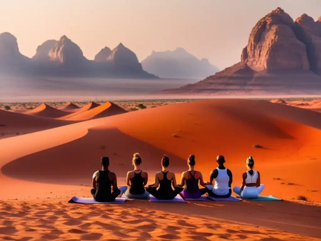 Prácticas de yoga en desiertos energéticos: Grupo en poses, con el cálido atardecer sobre las dunas rojas y formaciones rocosas de Wadi Rum