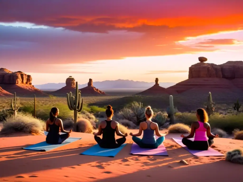 Prácticas de yoga en desiertos energéticos: Practicantes realizando saludos al sol al amanecer, siluetas en contraste con el cielo naranja y rosa