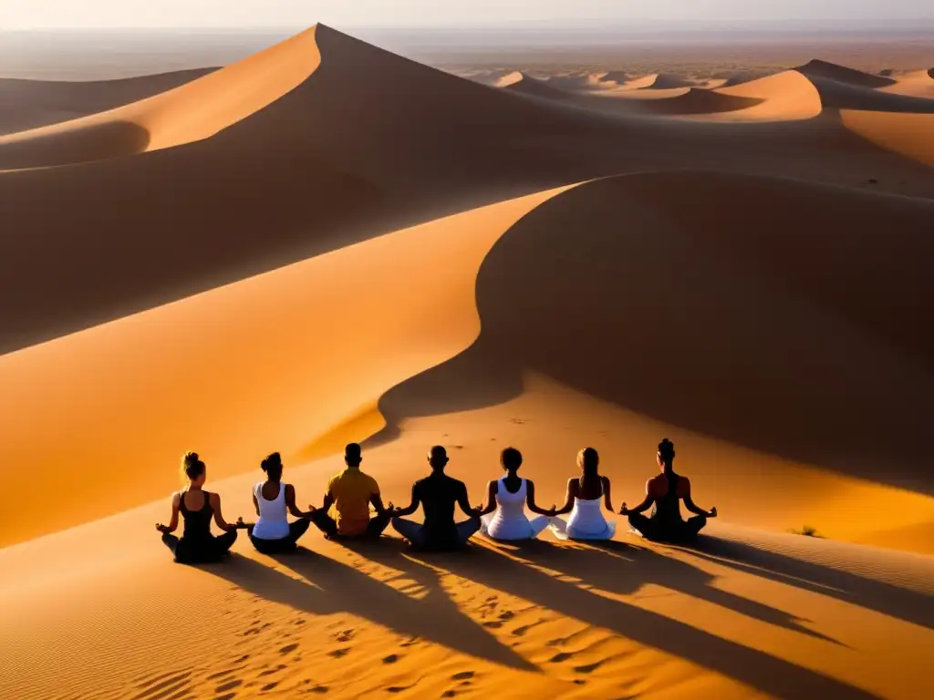 Prácticas de yoga en desiertos energéticos: Siluetas de yogis en posturas, rodeados de dunas doradas en el Sahara, bajo un cielo azul etéreo