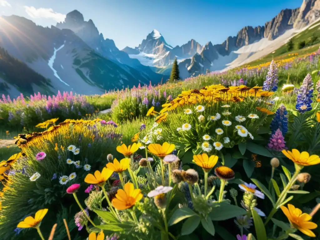 Una pradera alpina llena de flores silvestres coloridas, con polinizadores como abejas y mariposas