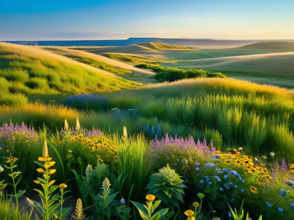 Una pradera diversa y próspera iluminada por el sol, con una variedad de plantas nativas y vida silvestre