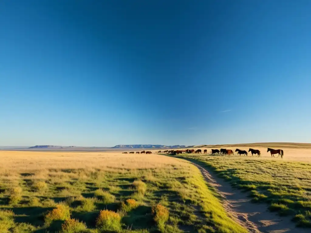 Una pradera dorada se extiende hasta el horizonte bajo un cielo azul