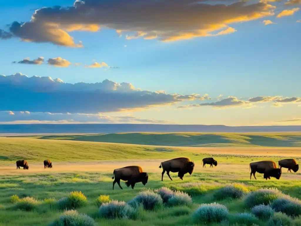 Una pradera expansiva con vida salvaje y puestas de sol doradas