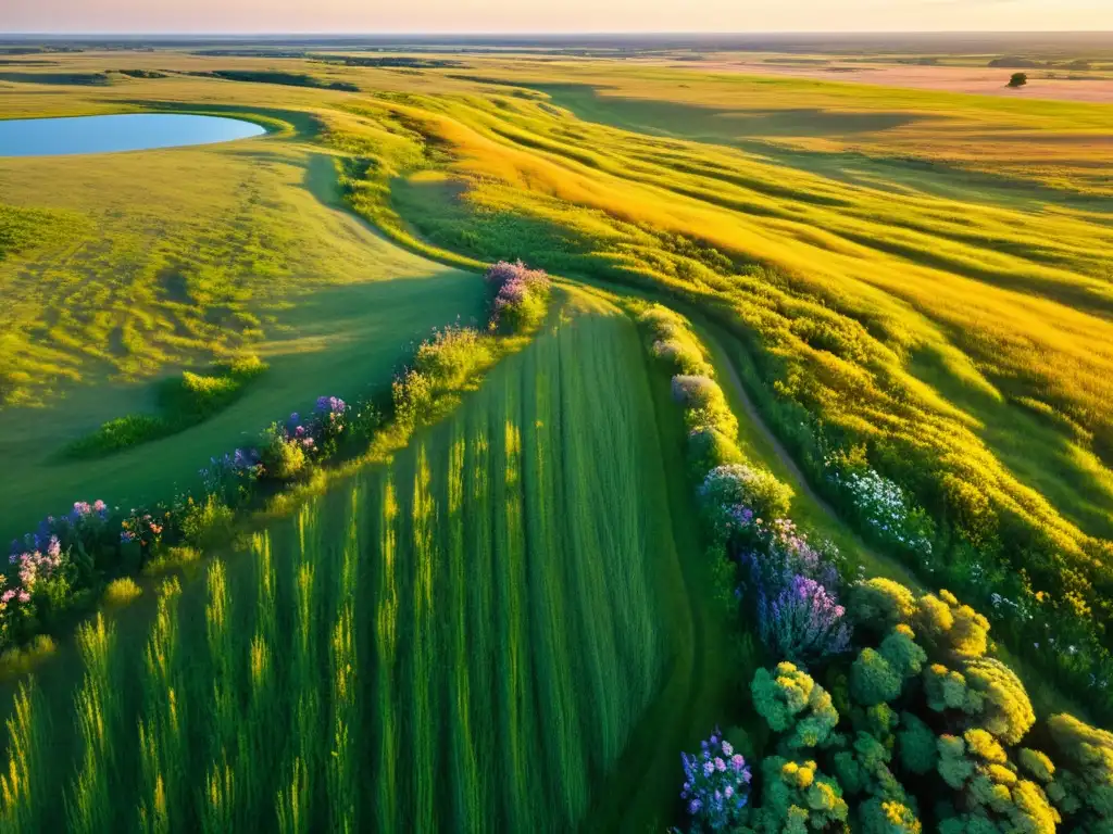 Una pradera exuberante y vasta se extiende hasta el horizonte, bañada por la cálida luz del atardecer