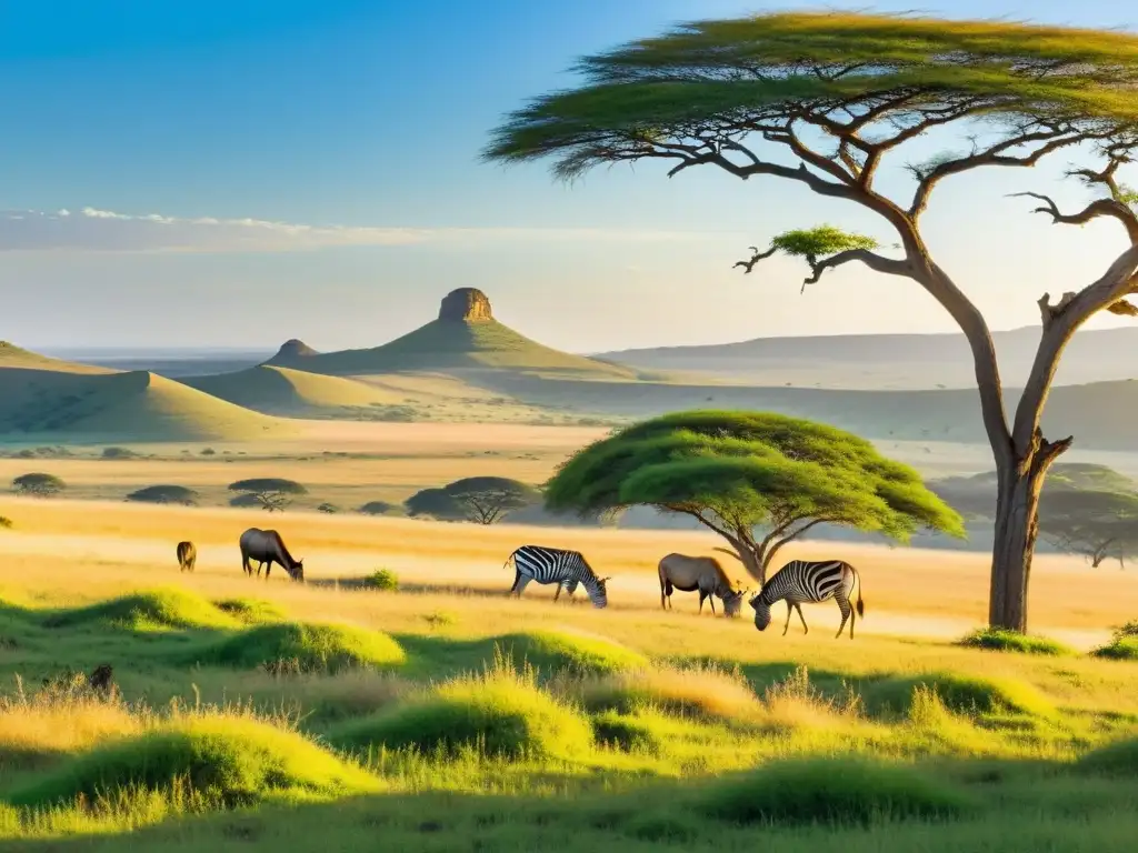 Una pradera exuberante y vibrante con vida salvaje, bajo un cielo azul