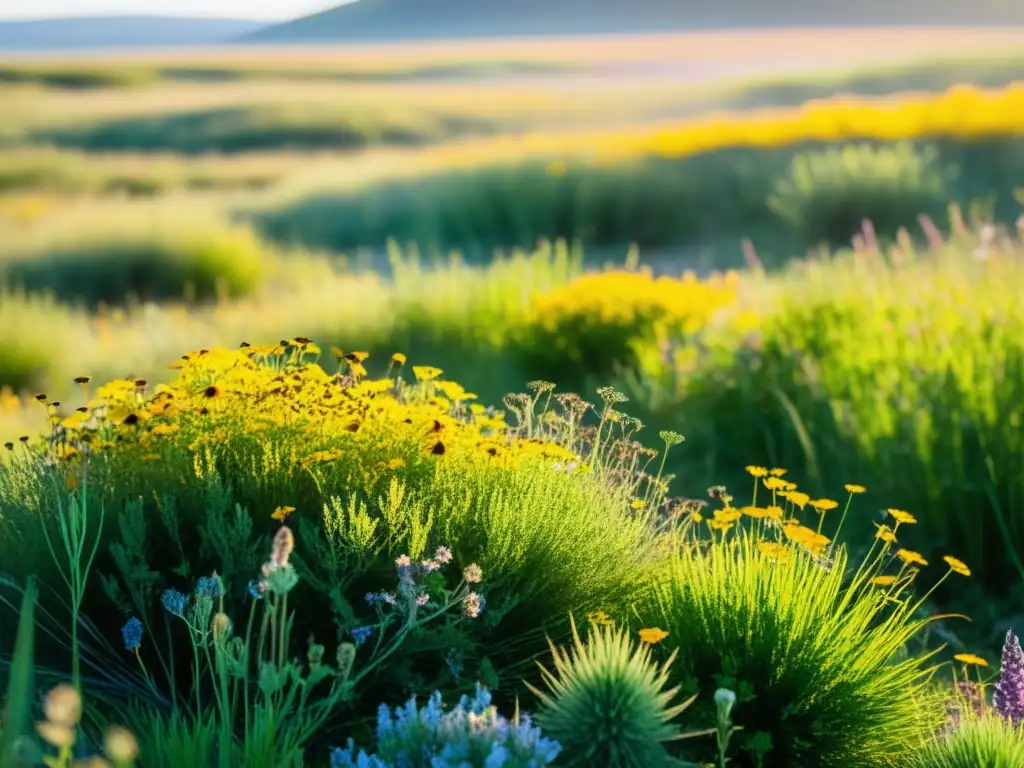 Una pradera sostenible llena de vida y color, muestra la biodiversidad en la permacultura en la pradera sostenible