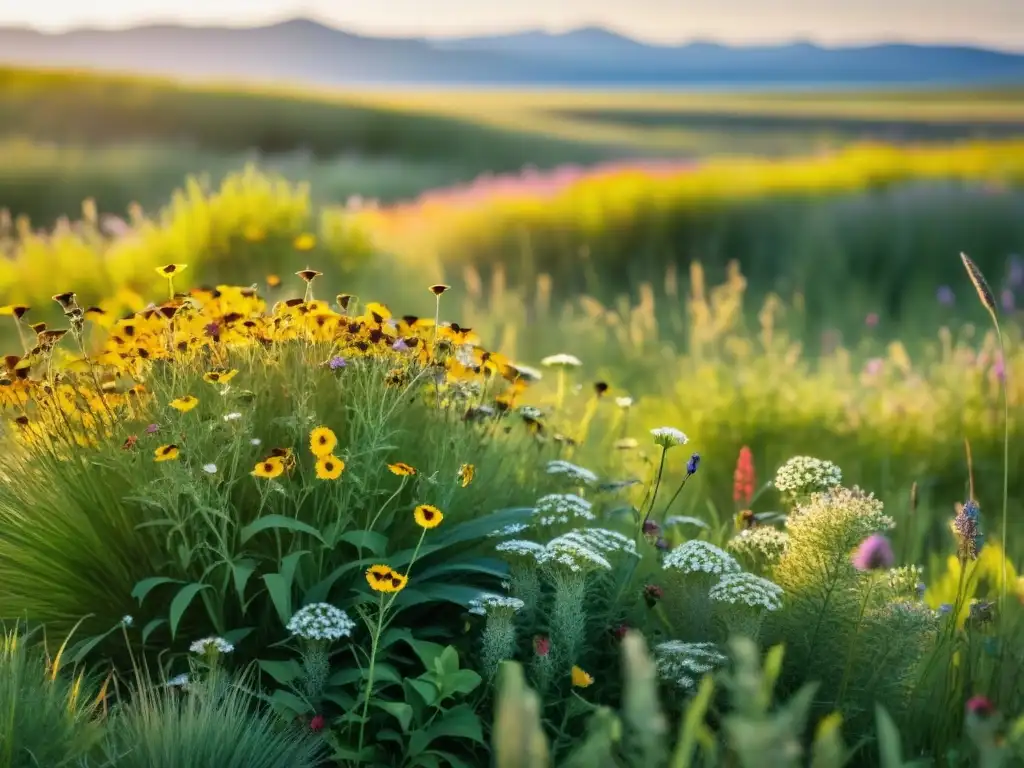 Una pradera sostenible rebosante de vida y color, capturando la esencia de la permacultura en la pradera sostenible