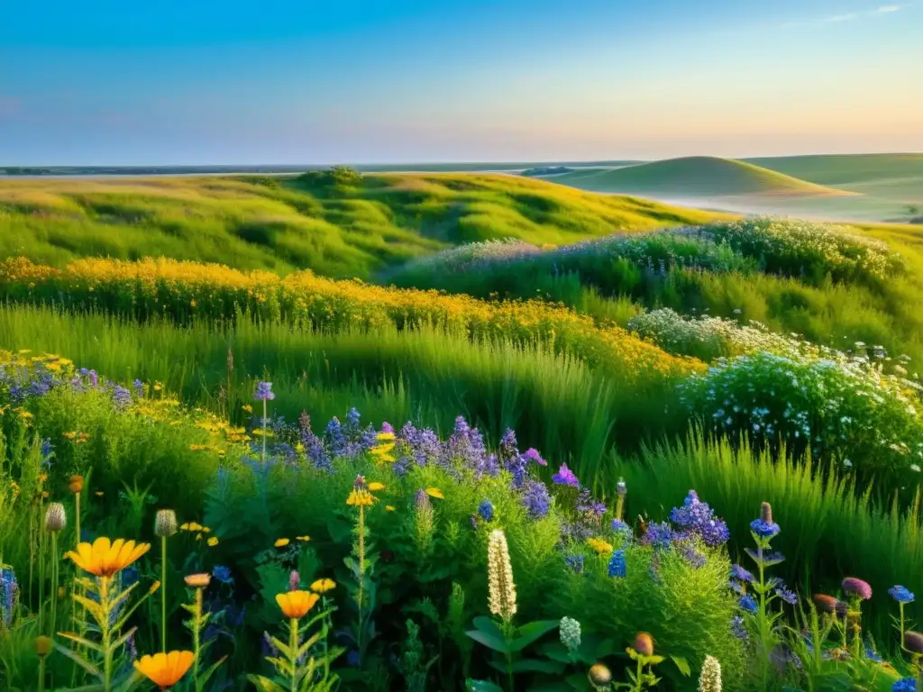 Una pradera sostenible rebosante de vida y diversidad, con flores silvestres y árboles nativos