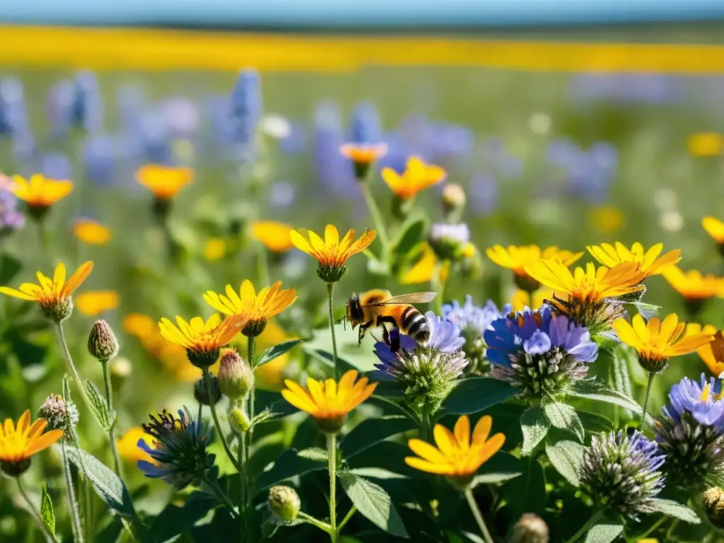 Biodiversidad en las praderas: flores vibrantes, abejas y científicos explorando ecosistemas