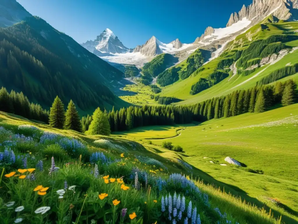 Un prado alpino exuberante en los Alpes, con una gran diversidad de flora y un arroyo glacial, capturando la belleza natural y biodiversidad