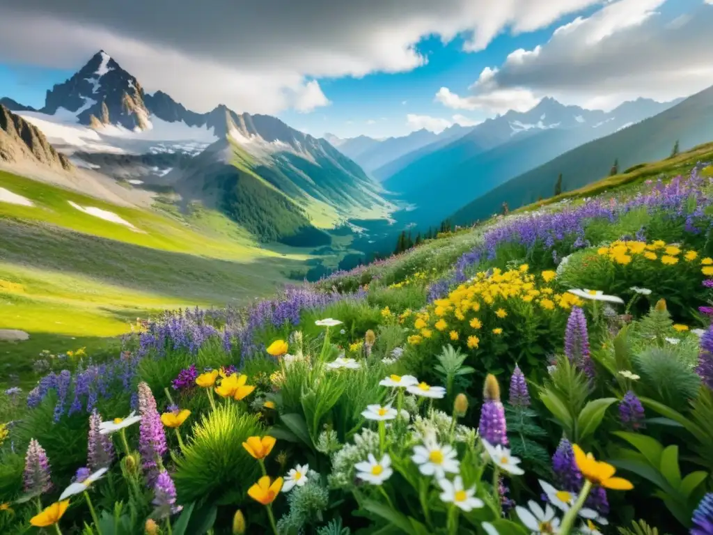 Un prado alpino repleto de coloridas flores silvestres, con montañas nevadas que se yerguen al fondo