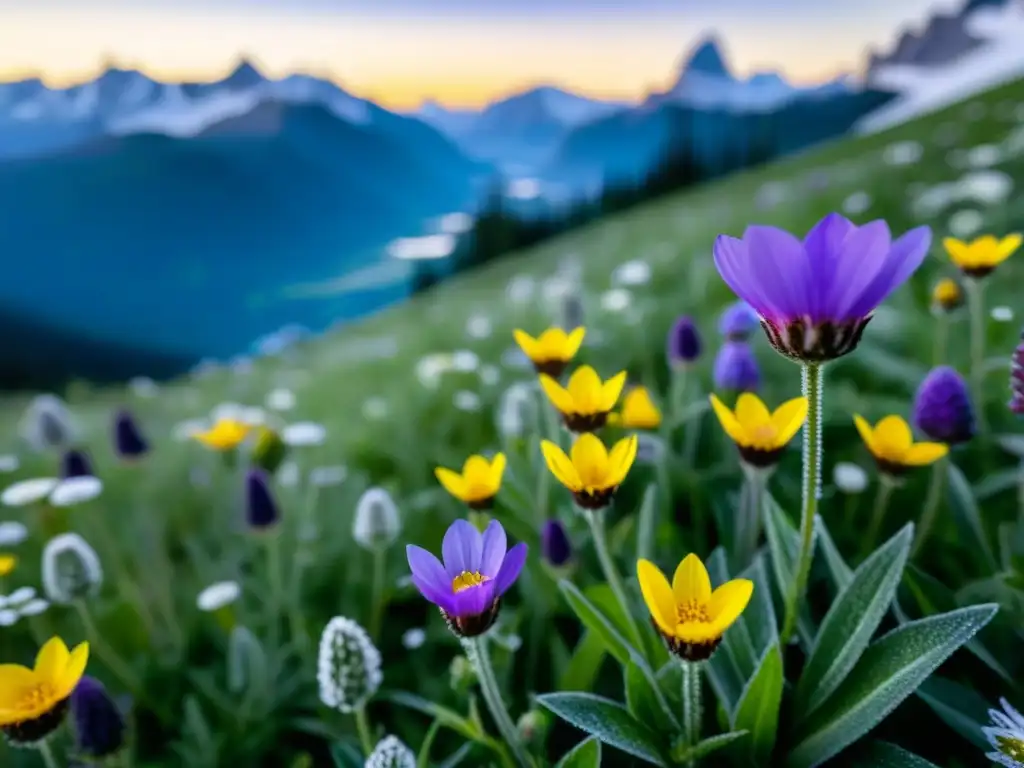 Un prado alpino vibrante muestra una diversidad de flores silvestres en tonos de morado, amarillo y blanco